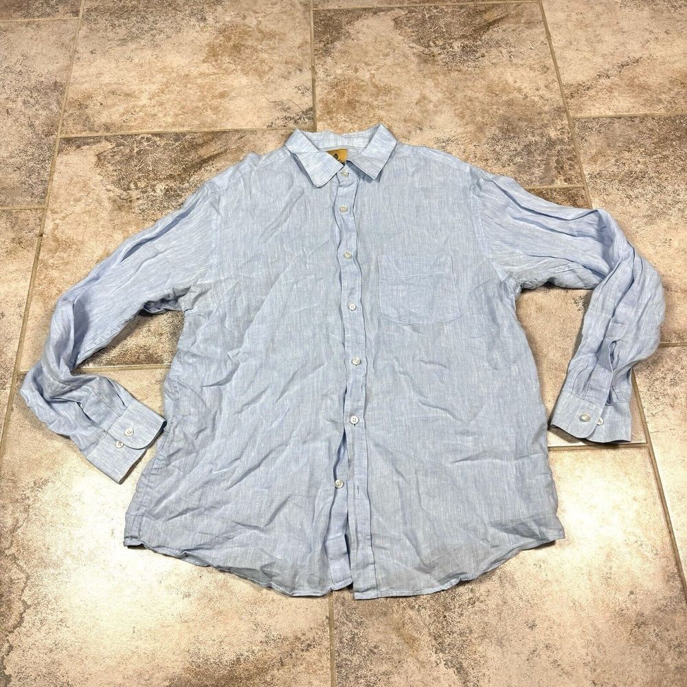 REID & TAYLOR‎ Shirt Mens 43/17.5 Blue 100% Linen Long Sleeve Dad